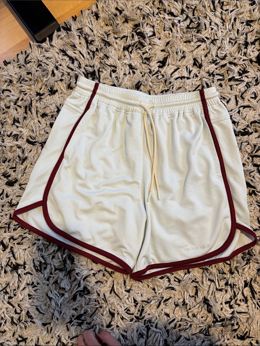 Outdoor Voices Womens Cream Athletic Mesh Shorts with Maroon Trim